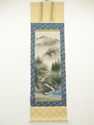 作家物　彩色山水　肉筆絹本掛軸（保護箱）